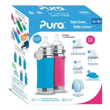 Pura Kiki Geschenkset mit 2 Edelstahl-Trinkflaschen 325 ml und Zubehör – im Design Blau & Pink – Ansicht 2