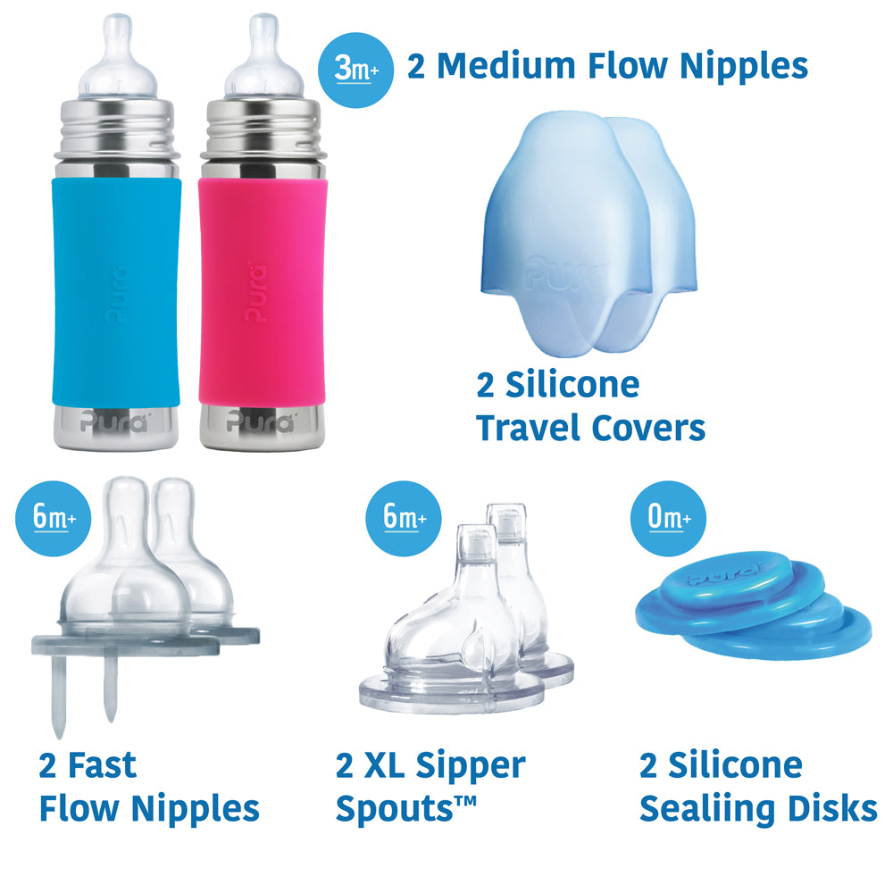 Pura Kiki Geschenkset mit 2 Edelstahl-Trinkflaschen 325 ml und Zubehör – im Design Blau & Pink – Ansicht 3