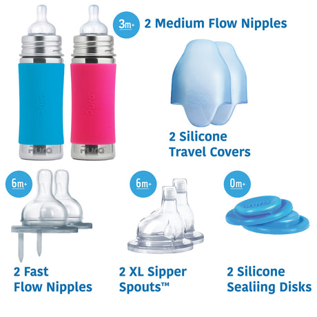 Pura Kiki Geschenkset mit 2 Edelstahl-Trinkflaschen 325 ml und Zubehör – im Design Blau & Pink – Ansicht 3