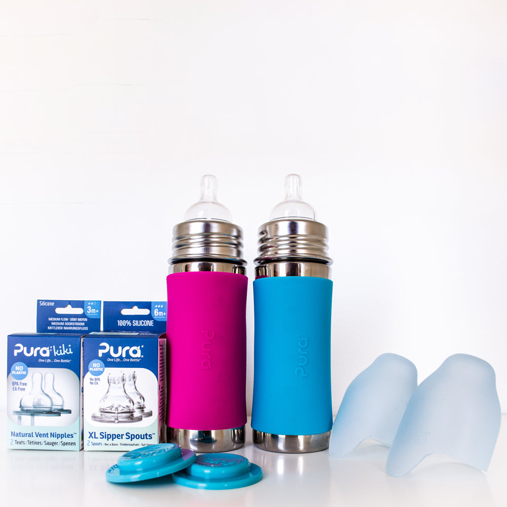 Pura Kiki Geschenkset mit 2 Edelstahl-Trinkflaschen 325 ml und Zubehör – im Design Blau & Pink