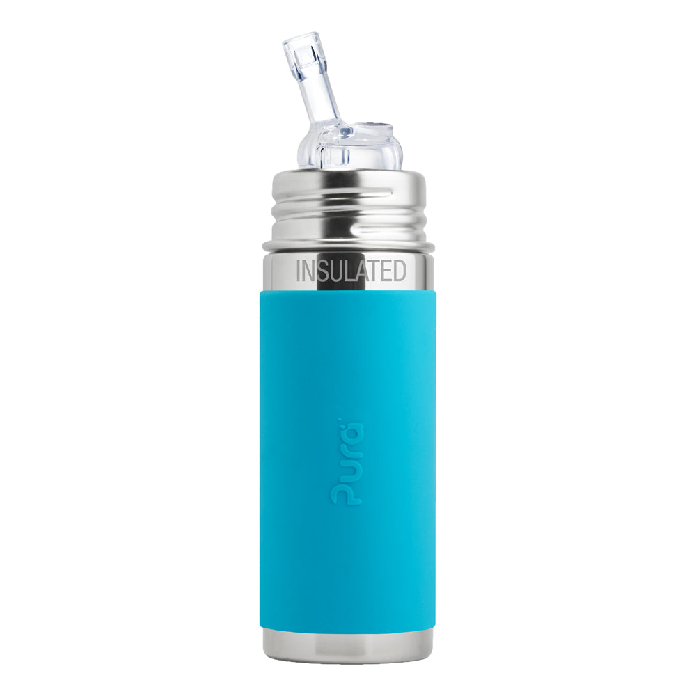 Pura Kiki isolierte Edelstahl-Trinkflasche 260 ml mit Strohhalm-Aufsatz – im Design Blau