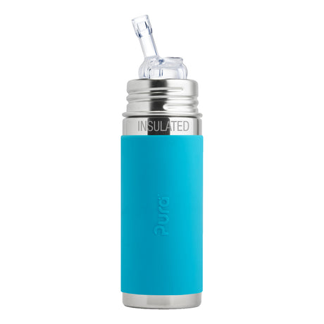 Pura Kiki isolierte Edelstahl-Trinkflasche 260 ml mit Strohhalm-Aufsatz – im Design Blau