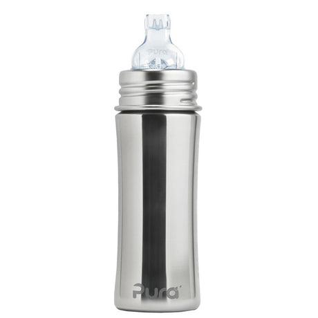 Pura Kiki Edelstahlflasche mit aufgesetztem transparentem XL-Silikon-Trinklernaufsatz, Frontansicht