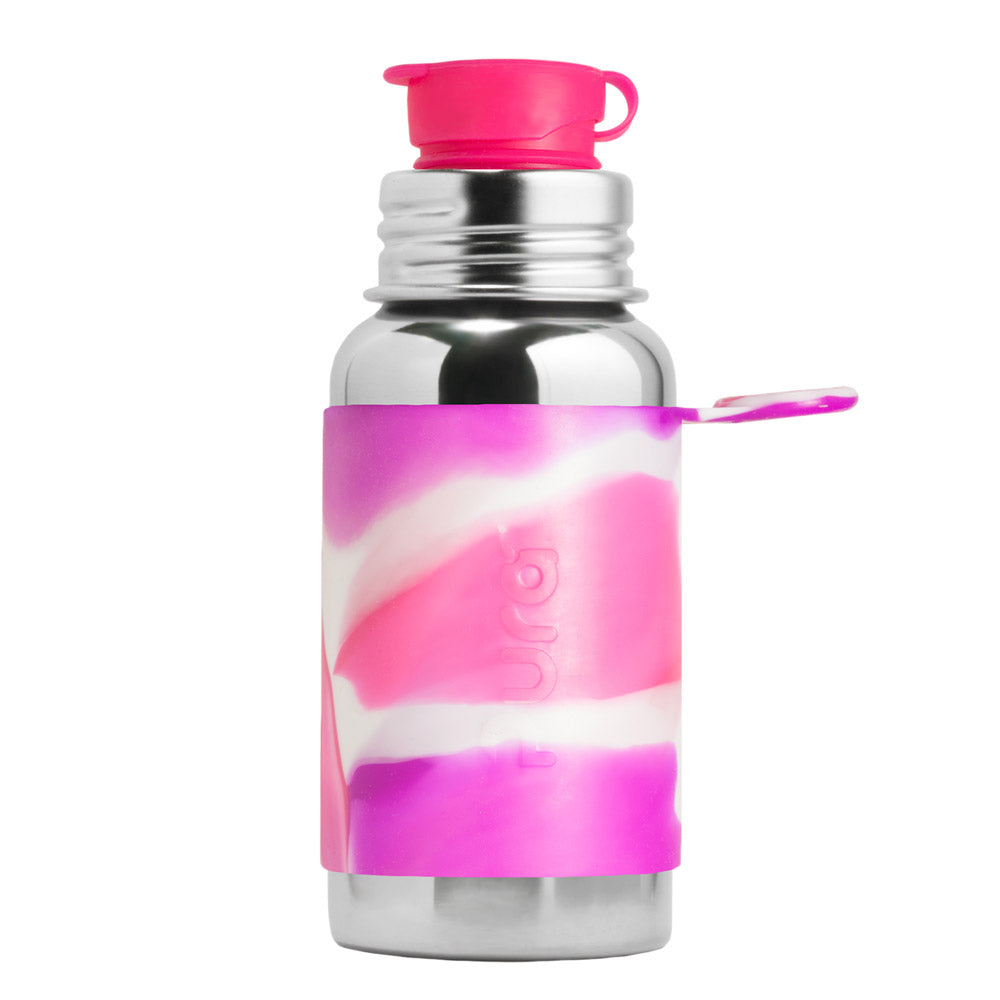 PuraSport Edelstahl-Sportflasche 500 ml mit BigMouth-Aufsatz – im Design Pink Swirls