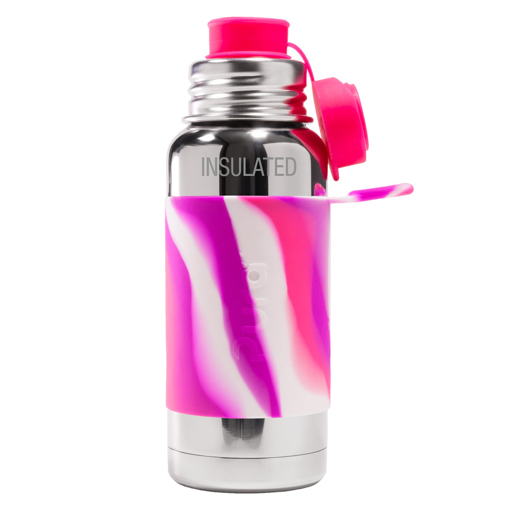 PuraSport isolierte Edelstahl-Sportflasche 475 ml mit BigMouth-Aufsatz – im Design Pink Swirls