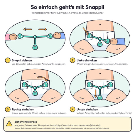 Anleitung Snappi Windelklammer: dehnen, an der Mullwindel links, rechts und unten einhaken, mit Sicherheitshinweisen