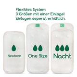 Infografik: flexibles TotsBots PeeNut System – 3 Größen mit einer Einlage (Newborn, One Size, Nacht)