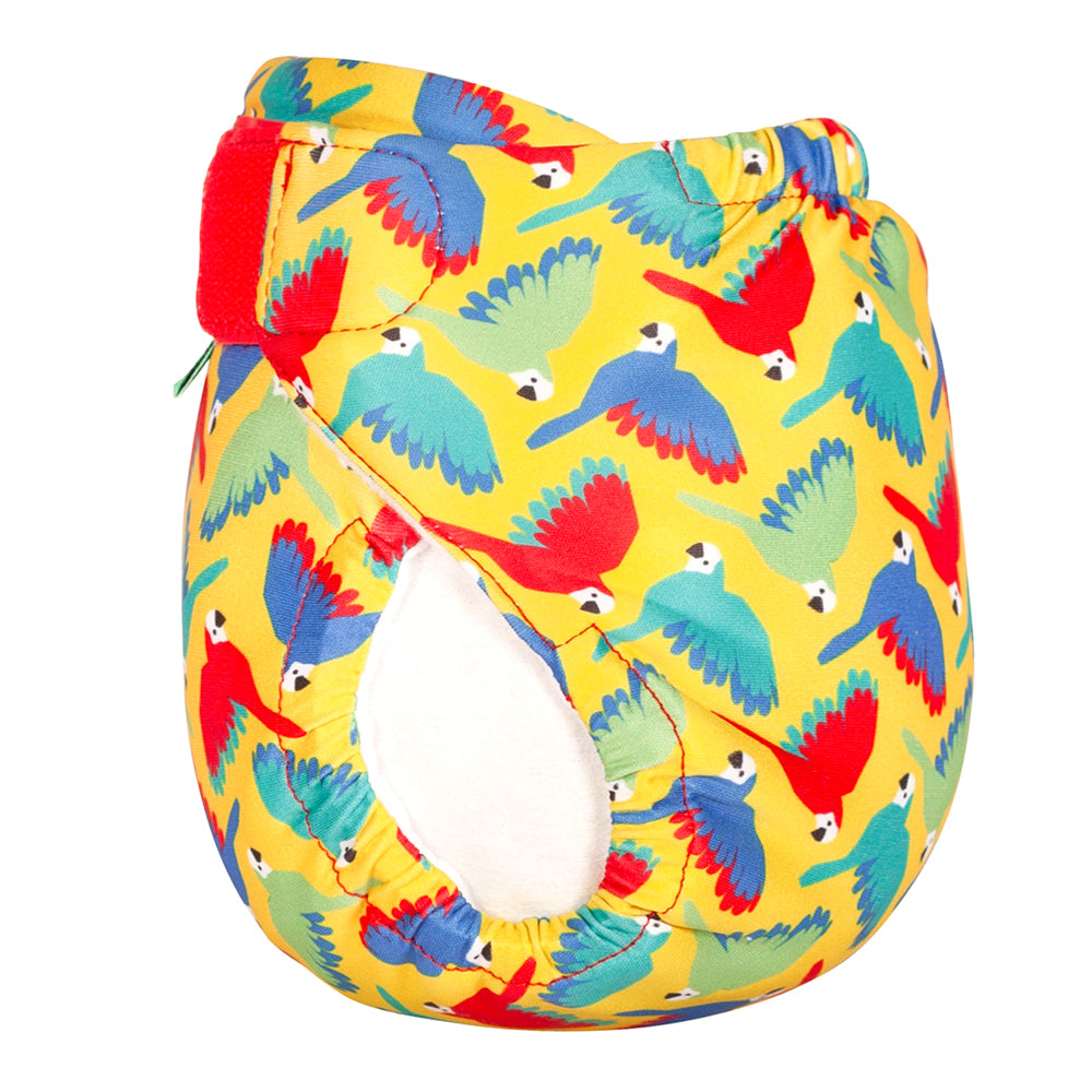 TotsBots SwimTots Schwimmwindel mit Klettverschluss im Design Bright Yellow Parrots, seitlich