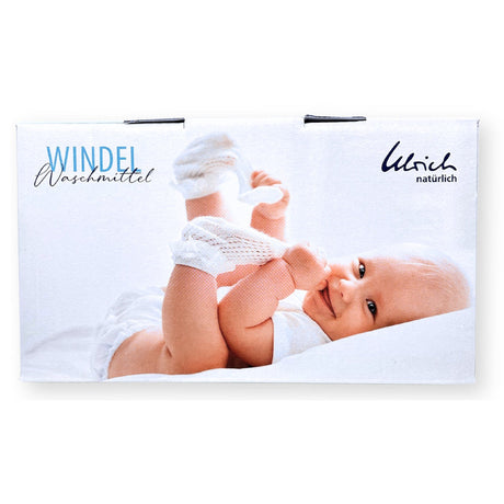 Ulrich natürlich Windelwaschmittel 2 kg, Rückseite der Verpackung mit Babyfoto und Anwendungshinweisen