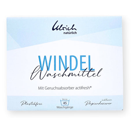 Ulrich natürlich Windelwaschmittel actifresh 2 kg, Vorderseite der plastikfreien Papierverpackung, 45 Waschgänge