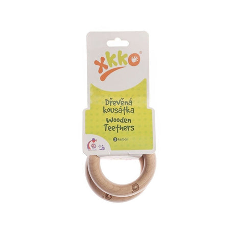 XKKO Beißringe aus Ahornholz in der Originalverpackung, zwei Ringe am Band