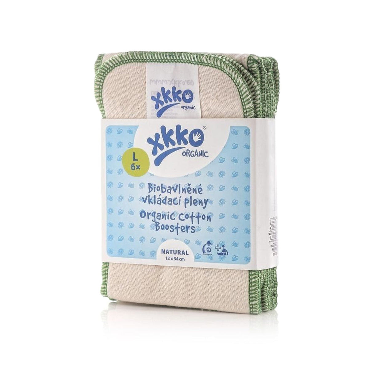 XKKO Booster Large 12 x 34 cm aus Bio-Baumwolle mit grünem Saum, Sechserpack