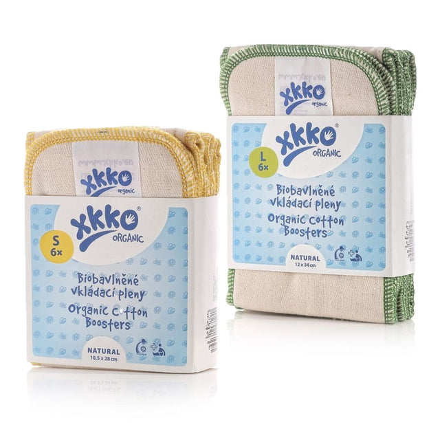 XKKO Booster aus Bio-Baumwolle: Sechserpacks Small mit gelbem und Large mit grünem Saum