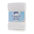 Zwei weiße XKKO Frotteetücher aus 100 % Bio-Baumwolle, 40 x 40 cm, gefaltet in der Originalverpackung