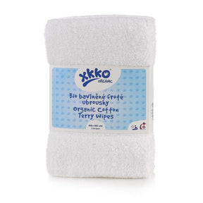 Zwei weiße XKKO Frotteetücher aus 100 % Bio-Baumwolle, 40 x 40 cm, gefaltet in der Originalverpackung