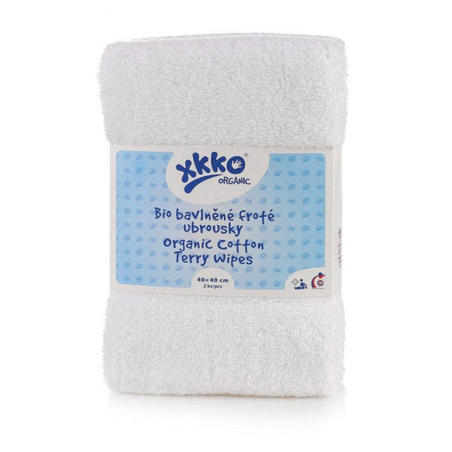 Zwei weiße XKKO Frotteetücher aus 100 % Bio-Baumwolle, 40 x 40 cm, gefaltet in der Originalverpackung