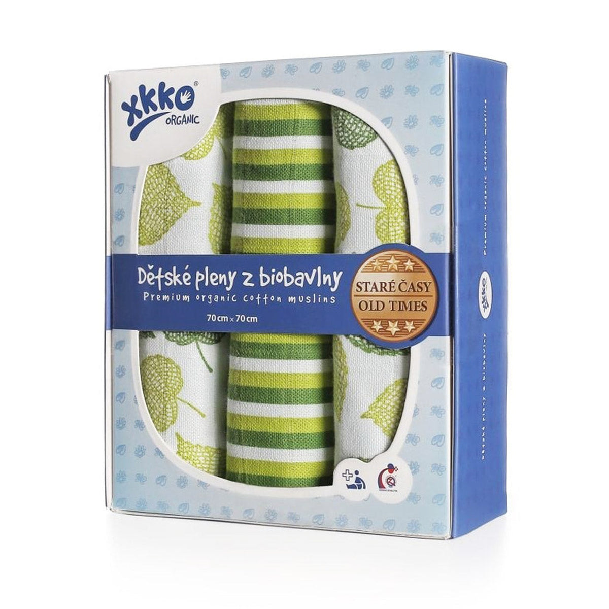 XKKO Mullwindeln 70 x 70 cm im Design Linden in Grüntönen, drei Tücher in der Geschenkbox