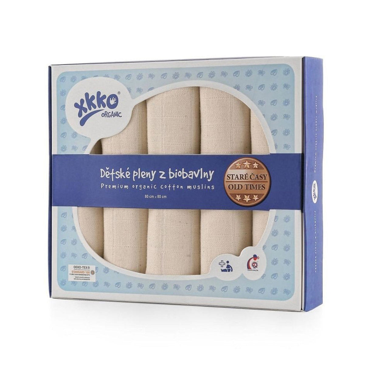 XKKO Bio-Mullwindeln 80 x 80 cm ungebleicht in Natur, fünf Stück in der Box