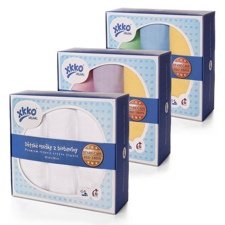 Drei Boxen XKKO Organic Mullwindeln 90 x 100 cm: Weiß, farbig für Mädchen und für Jungs