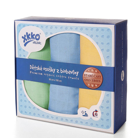 XKKO Organic Mullwindeln 90 x 100 cm farbig für Jungs in Grün, Blau und Gelb, in der Box