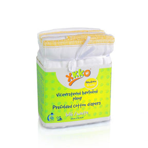 Weiße XKKO Prefolds Newborn mit gelbem Saum, sechs Stück verpackt
