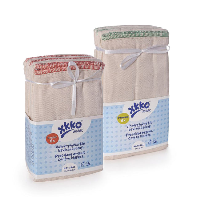 XKKO Prefolds aus 100 % Bio-Baumwolle, Sechserpacks in zwei Größen in Natur