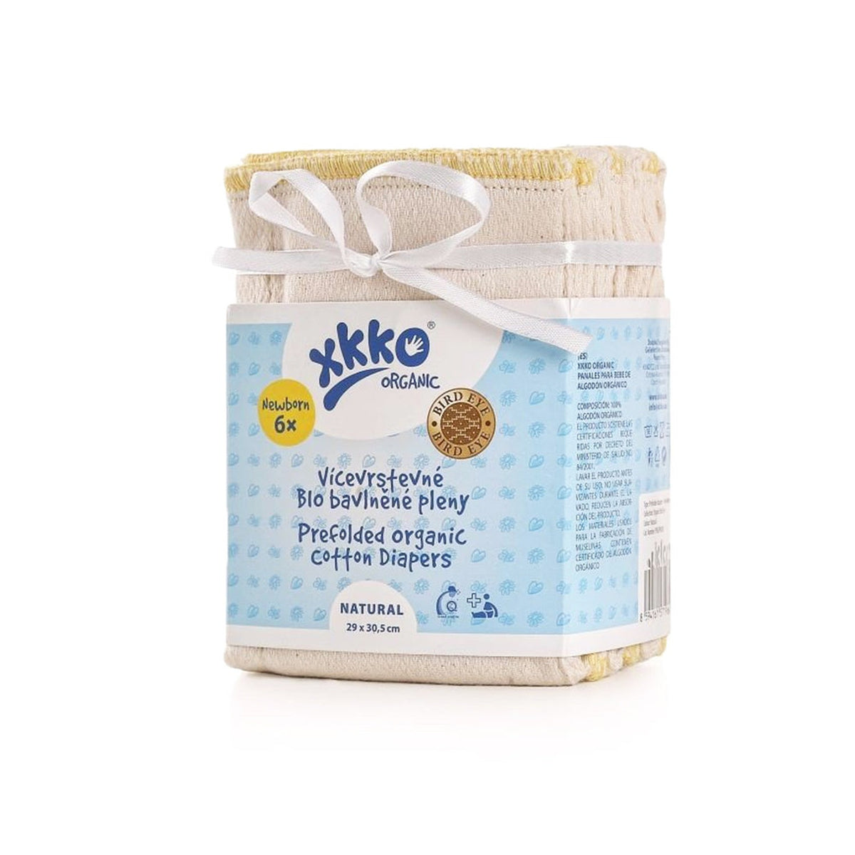 XKKO Birdseye-Prefolds Newborn mit gelbem Saum, sechs Stück in der Verpackung
