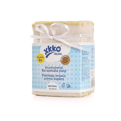 XKKO Birdseye-Prefolds Newborn mit gelbem Saum, sechs Stück in der Verpackung
