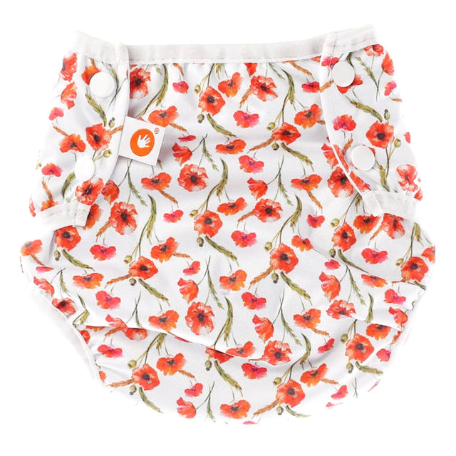 XKKO waschbare Schwimmwindel One Size (4–15 kg) im Design Red Poppies (Rote Mohnblumen) von vorn mit Druckknöpfen
