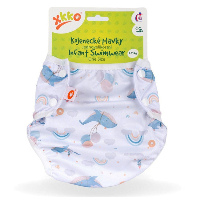 XKKO waschbare Schwimmwindel One Size (4–15 kg) im Design Sky Whale (Himmels Wal) von vorn mit Druckknöpfen