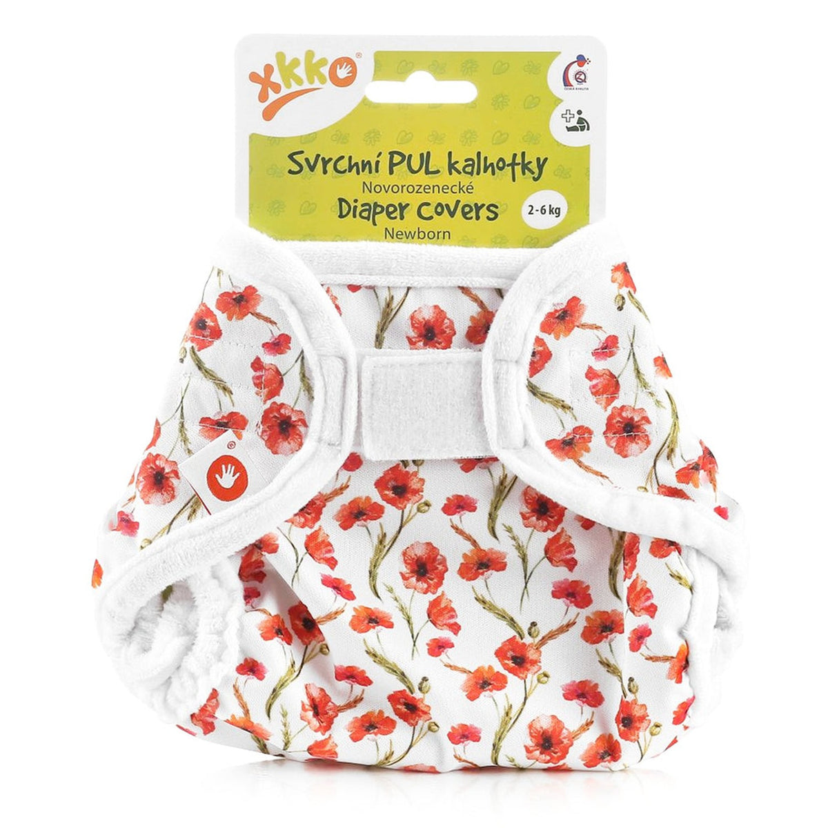 XKKO PUL-Überhose Newborn (2–6 kg) im Design Rote Mohnblumen von vorn, mit Klettverschluss und doppelten Beinbündchen