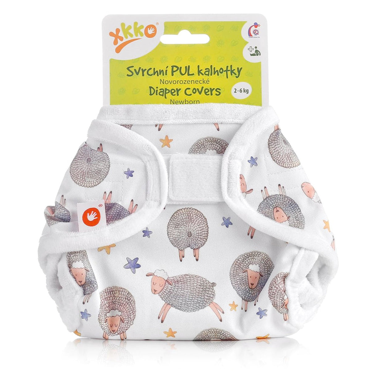 XKKO PUL-Überhose Newborn (2–6 kg) im Design Verträumte Schafe von vorn, mit Klettverschluss und doppelten Beinbündchen