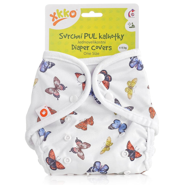 XKKO PUL-Überhose One Size (4–15 kg) im Design Schmetterlinge von vorn, mit Druckknöpfen und doppelten Beinbündchen